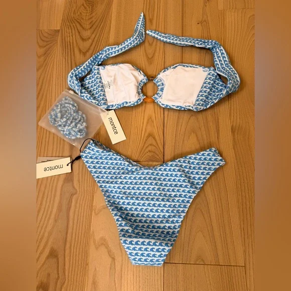 Montce Swim Bikini Set NWT Wave Repeat Tori Ties Bandeau Top & Lulu Bottoms S - Picture 5 of 13